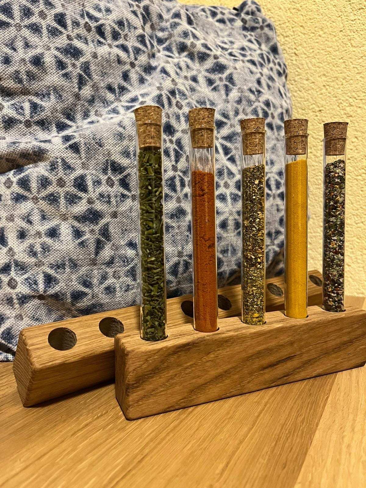 Gewürzregal | Reagenzglashalter aus Glas mit Korkstopfen | Eiche Knospe Ständer| Gewürzständer | Ordnungssystem| Einzelständer Vase