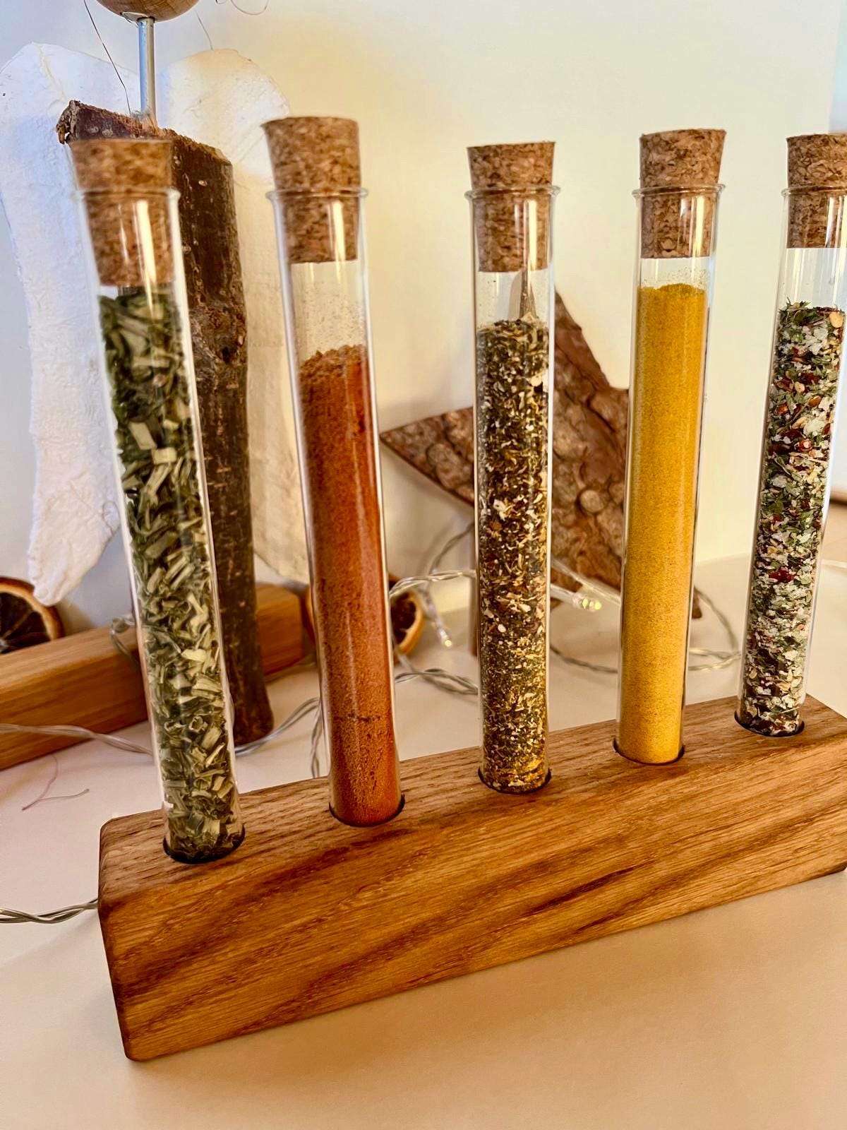 Gewürzregal | Reagenzglashalter aus Glas mit Korkstopfen | Eiche Knospe Ständer| Gewürzständer | Ordnungssystem| Einzelständer Vase