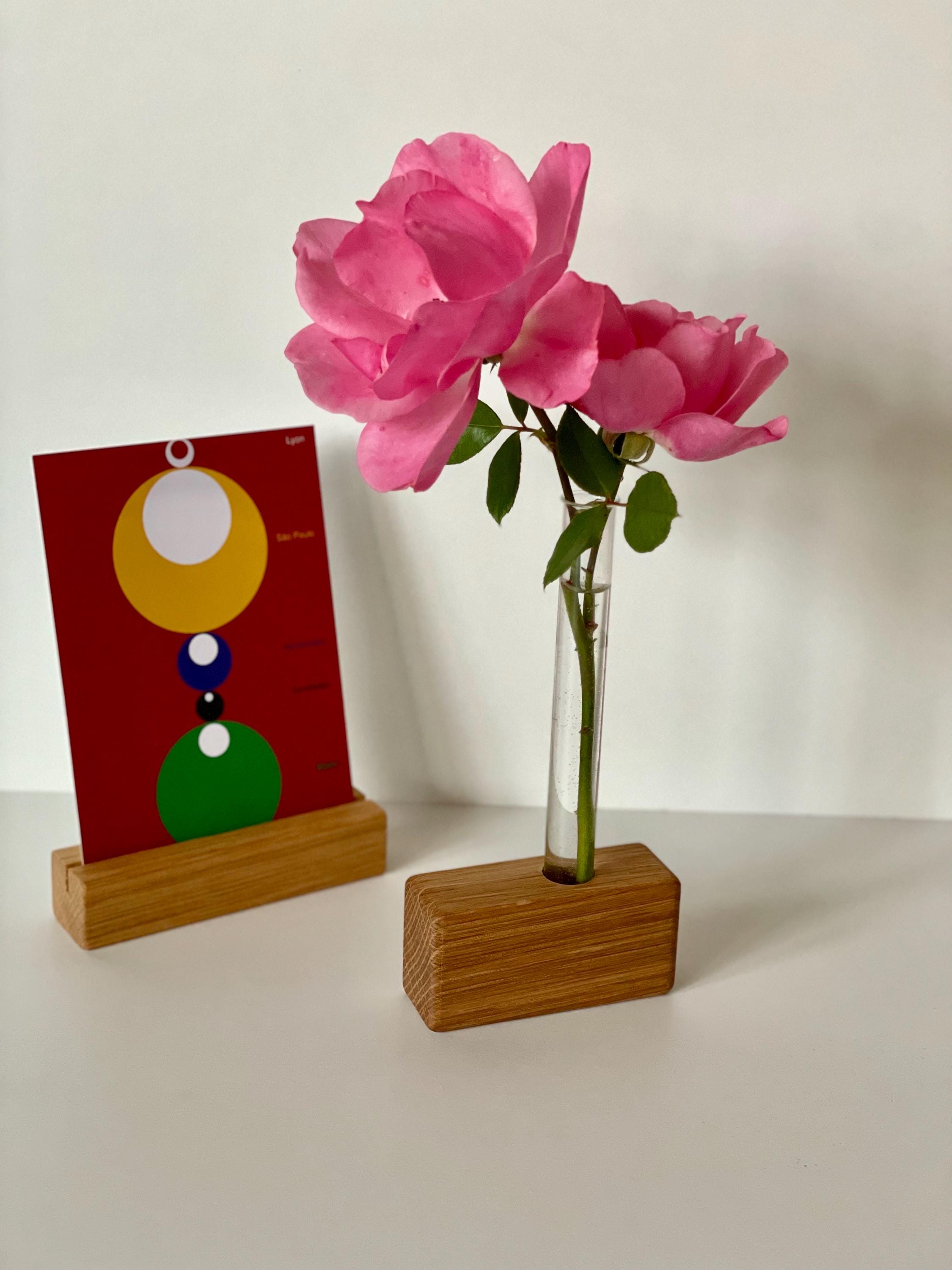 Reagenzglashalter Eiche  handgefertigte Blumenvase aus Holz  Deko mit Glasröhrchen & Kork